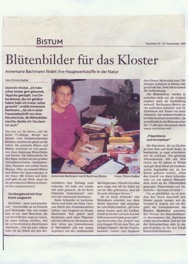 Zeitungsausschnitt: Blütenbilder für das Kloster Marienthal von Annemarie Bachmann