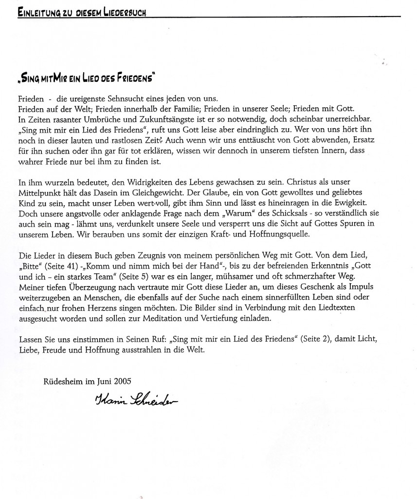 Liederbuch Sing mit mir ein Lied des Friedens Einführungstext