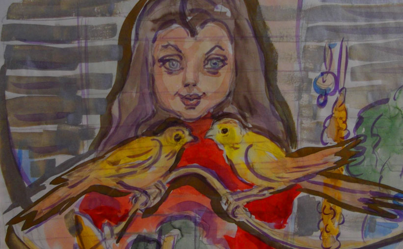 Portrait-Zeichenbild 'Karin mit ihren Kanarienvögeln'