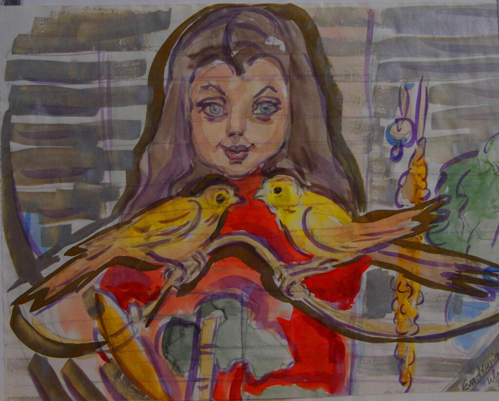 Portrait-Zeichenbild 'Karin mit ihren Kanarienvögeln'