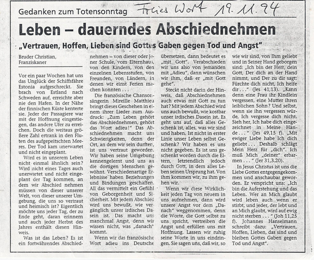 Zeitungsausschnitt: Leben - dauerndes Abschiednehmen - Bericht von Bruder Christian Warth, Franziskaner